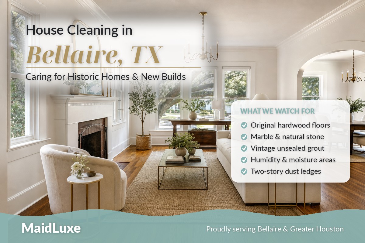 Elegant Bellaire TX living room with original hardwood floors — MaidLuxe house cleaning