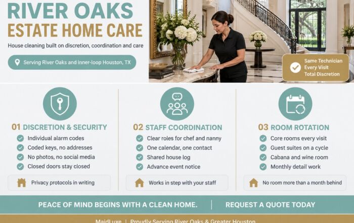 River Oaks estate home care infographic: discretion and security, staff coordination and room rotation by MaidLuxe