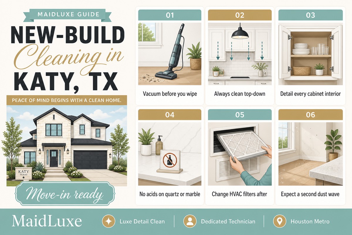 Infographic: six new-build cleaning rules for Katy, TX homes from MaidLuxe