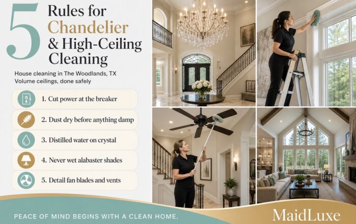 Infographic: five rules for chandelier and high-ceiling cleaning in The Woodlands, TX by MaidLuxe